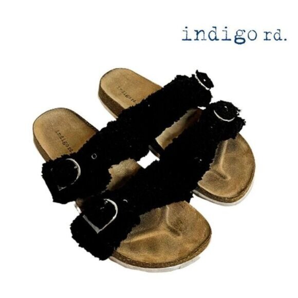 INDIGO RD Womens Faux Fur Shearling Double‎ Buckle Slip-on Sandals - Picture 2 of 8